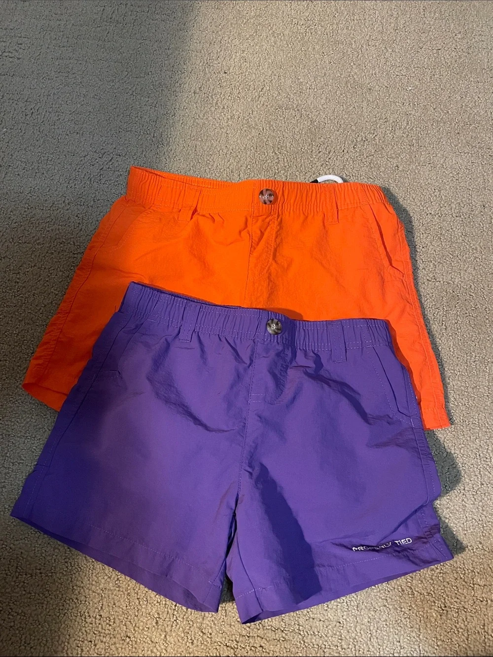 Properly Tied Purple and Orange Mallard Shorts - Elastic Waist, Quick-Dry